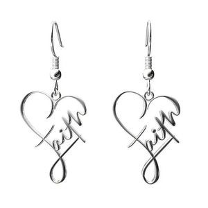 Earrings Faith Dangle Silver Tone Fish Hook Heart Love Stylish Minimalist Belief